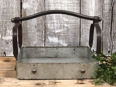 Galvanized Tray w/ Ornate Iron Handle, 9"x10"x10" - DNS Designs
