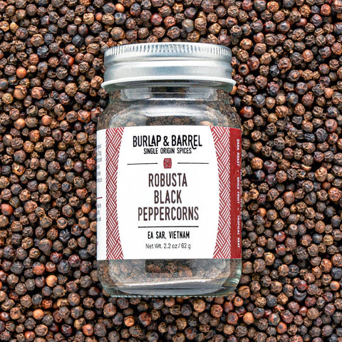 Robusta Black Peppercorns - Single Origin Spice & Seasoning: 1.8 oz grinder-top jar - Burlap & Barrel