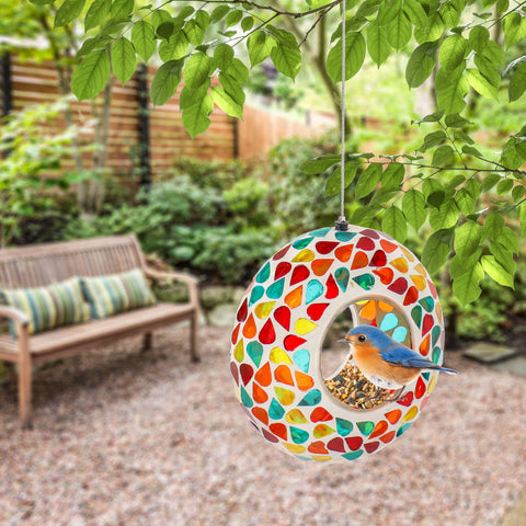 Glass Confetti Mosaic Fly-Through Hanging Bird Feeder, 6.5" - Sunnydaze Decor