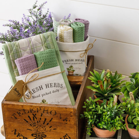 Double Oven Mitt Gift Set With Dish Cloths - Fresh Herbs - Audrey's