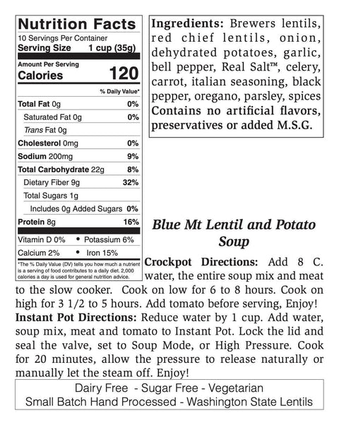 Blue Mt Lentil and Potato Soup Mix, Large, 11 oz, Serves 10 - Rill Foods