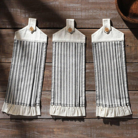 Sawyer Mill Black Ticking Stripe Button Loop Tea Towel, Set of 3 - VHC Brands