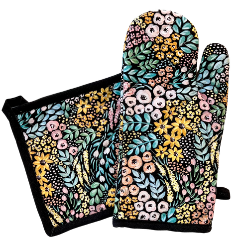 Black Floral Oven Mitt & Pot Holder Set - Elyse Breanne Design