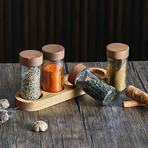 Acacia Wood 4-Slot Spice Jar Organizer and Tray - Aleta Farms