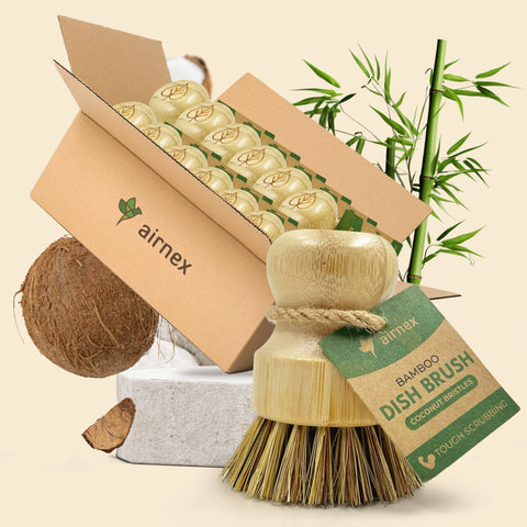 Natural Cleaning Dish Brush, Bamboo w/Coconut Bristles - Airnex