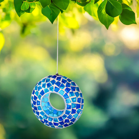 Blue Glass Mosaic Fly-Through Hanging Bird Feeder, 6.5" - Sunnydaze Decor