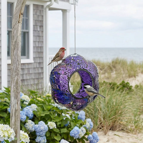 Purple Glass Flower Mosaic Fly-Through Hanging Bird Feeder, 10" - Sunnydaze Decor