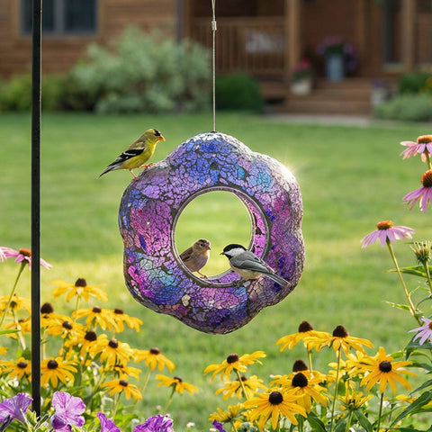 Purple Glass Flower Mosaic Fly-Through Hanging Bird Feeder, 10" - Sunnydaze Decor