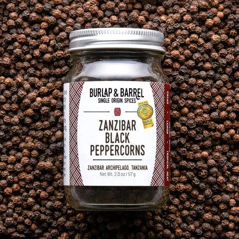 Zanzibar Black Peppercorns - Single Origin Spice & Seasoning: 1.7 oz grinder-top jar - Burlap & Barrel