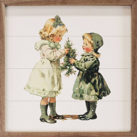Vintage Girls Christmas With Small Tree, 8"x8", Wall Art - Kendrick Home