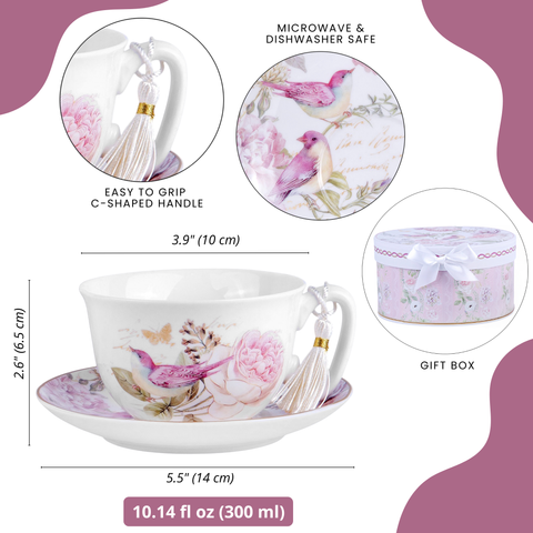 Vintage Style Birds Bone China Cup and Saucer Set, in Gift Box
