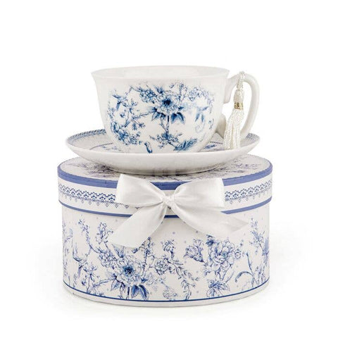 Blue Flowers Bone China Cup and Saucer Set, in Gift Box