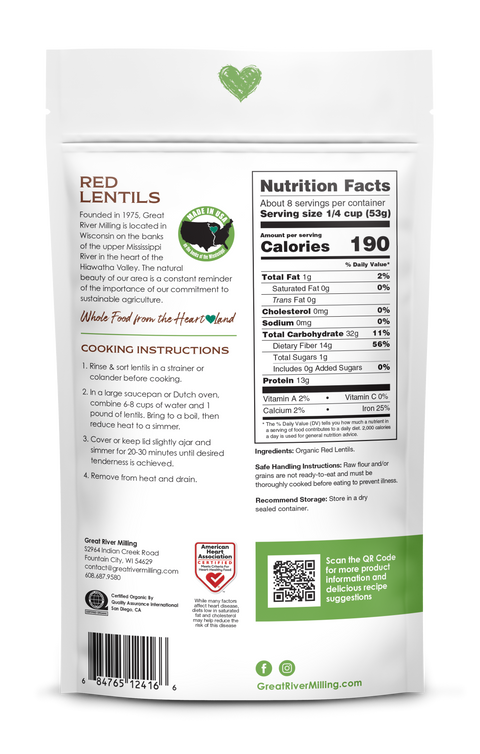 Organic Red Lentils (1 Lb): 16oz - Great River Milling