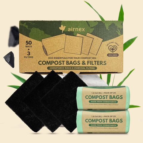 50 Compostable Trash Bags + 3 Compost Bin Filters Bundle - AIRNEX