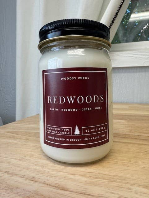 Redwoods Candle, 12 oz Soy Wax, Wood Wick - Woodsy Wicks