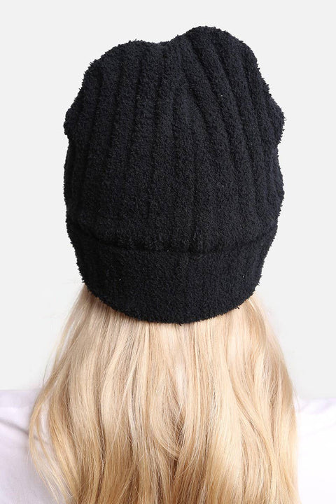 Black Winter Solid Color Ribbed Cuff Beanie Hat: One Size - Fashion City