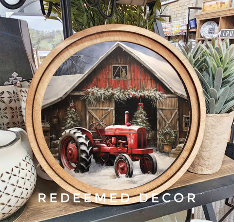Christmas Tractor Art - 8in Round - Redeemed Decor