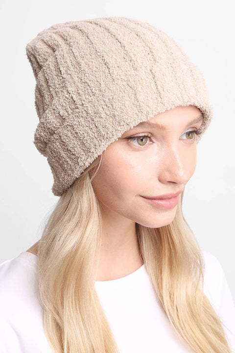 Beige Winter Solid Color Ribbed Cuff Beanie Hat: One Size - Fashion City