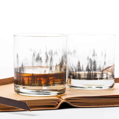 Forest and Clouds Whiskey Glasses, 11 oz, Single - Black Lantern