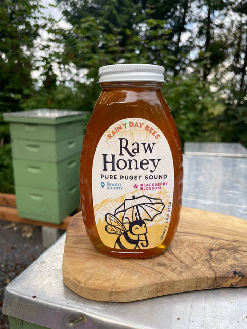 Raw Honey, 0.5 lb Glass Jar, Skagit County Blackberry Blossom - Rainy Day Bees