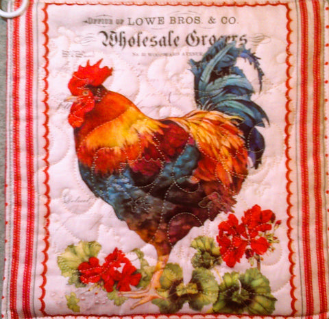 Chicken and Rooster Potholder: Colorful Rooster - Red Mitten