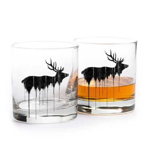 Elk Above Tree Line Whiskey Glasses, 11 oz, Single - Black Lantern