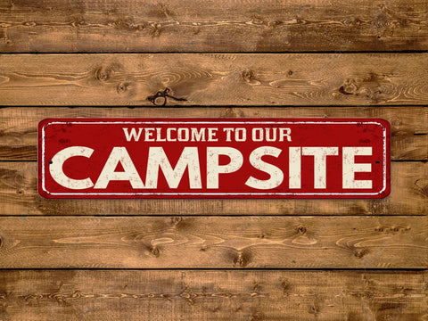 Welcome To Our Campsite, 3x12in Street Sign - Game Time Prints