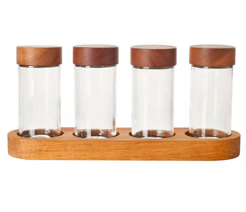 Acacia Wood 4-Slot Spice Jar Organizer and Tray - Aleta Farms