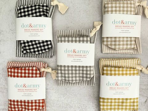 Silver Stripe and Check Bread Makers Set, Bread Bag & Bowl Cover - Dot and Army