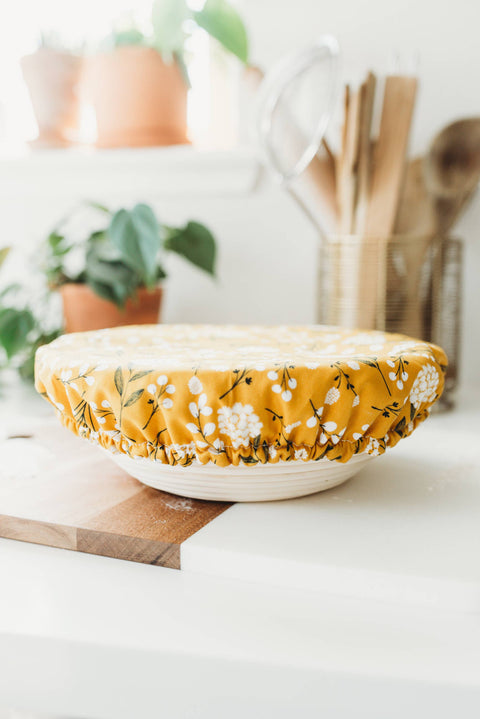 Reusable Bowl or Dish Cover, 12 in, Gold Floral - Wild Clementine Co.