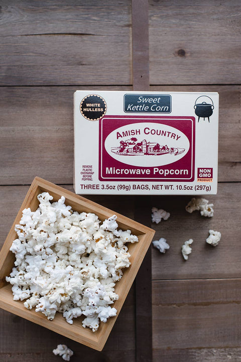 Microwave Popcorn - Sweet Kettle Corn, Baby White Hulless, 3 pack, 3.5 oz each - Amish Country Popcorn