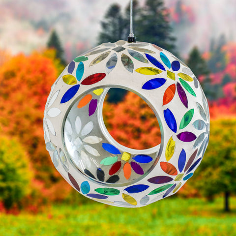Rainbow Daisies Mosaic Fly-Through Hanging Bird Feeder, 6" - Sunnydaze Decor