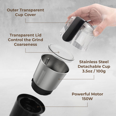 Electric Blade Coffee Grinder w/ Removable Cup, 4.5oz, Stainless Steel- Kaffe