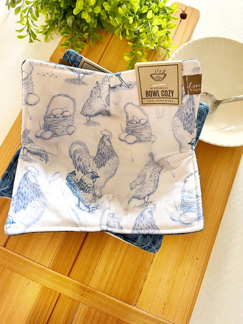 Blue Toile Chickens Bowl Cozy - Lavishly Vintage