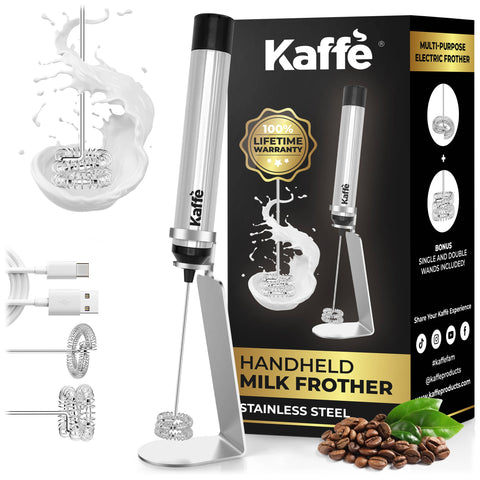 Handheld Milk Frother with Stand, USB Rechargeable, Stainless Steel - Kaffe
