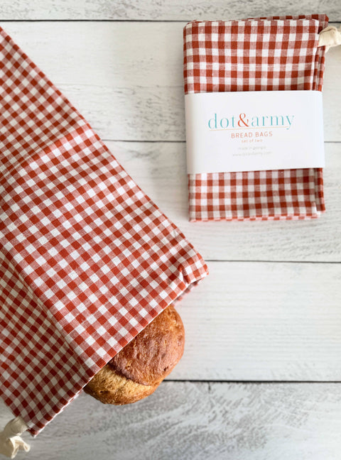 Papaya Check Linen Bread Bags, Set of 2 - Dot and Army