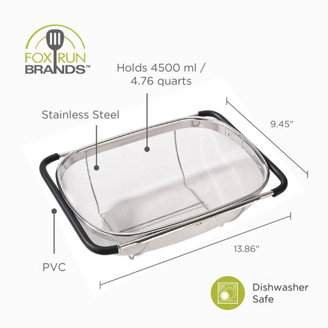 Large Stainless Steel Colander, Extendable Handles, 9.45"x13.86" - Fox Run Brands