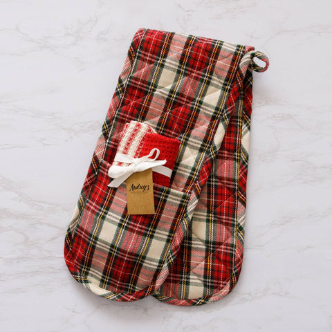 Tartan Double Oven Mitt Gift Set With Dish Cloths (SET) - Audrey's