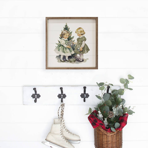 Vintage Girls Christmas With Large Tree, 8"x8", Wall Art - Kendrick Home
